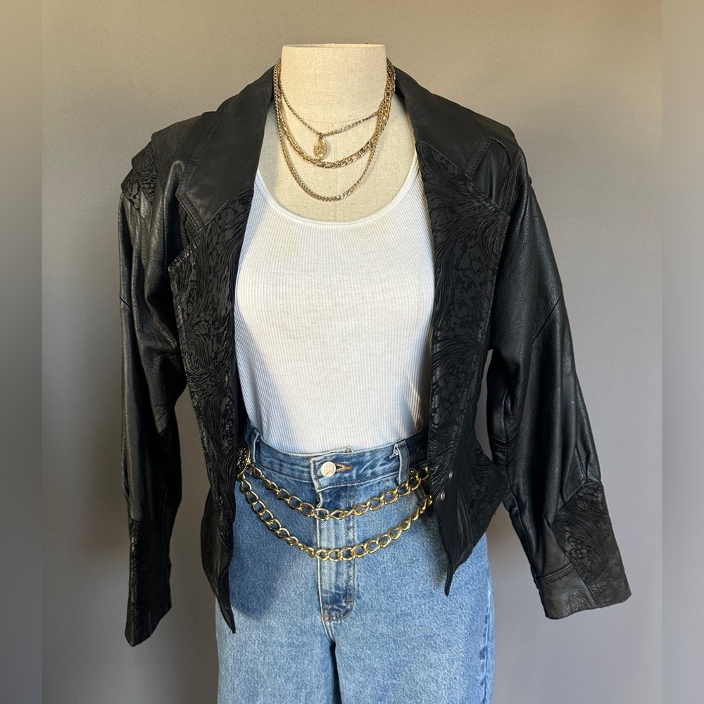 80’s marble paint swirl black leather crop jacket